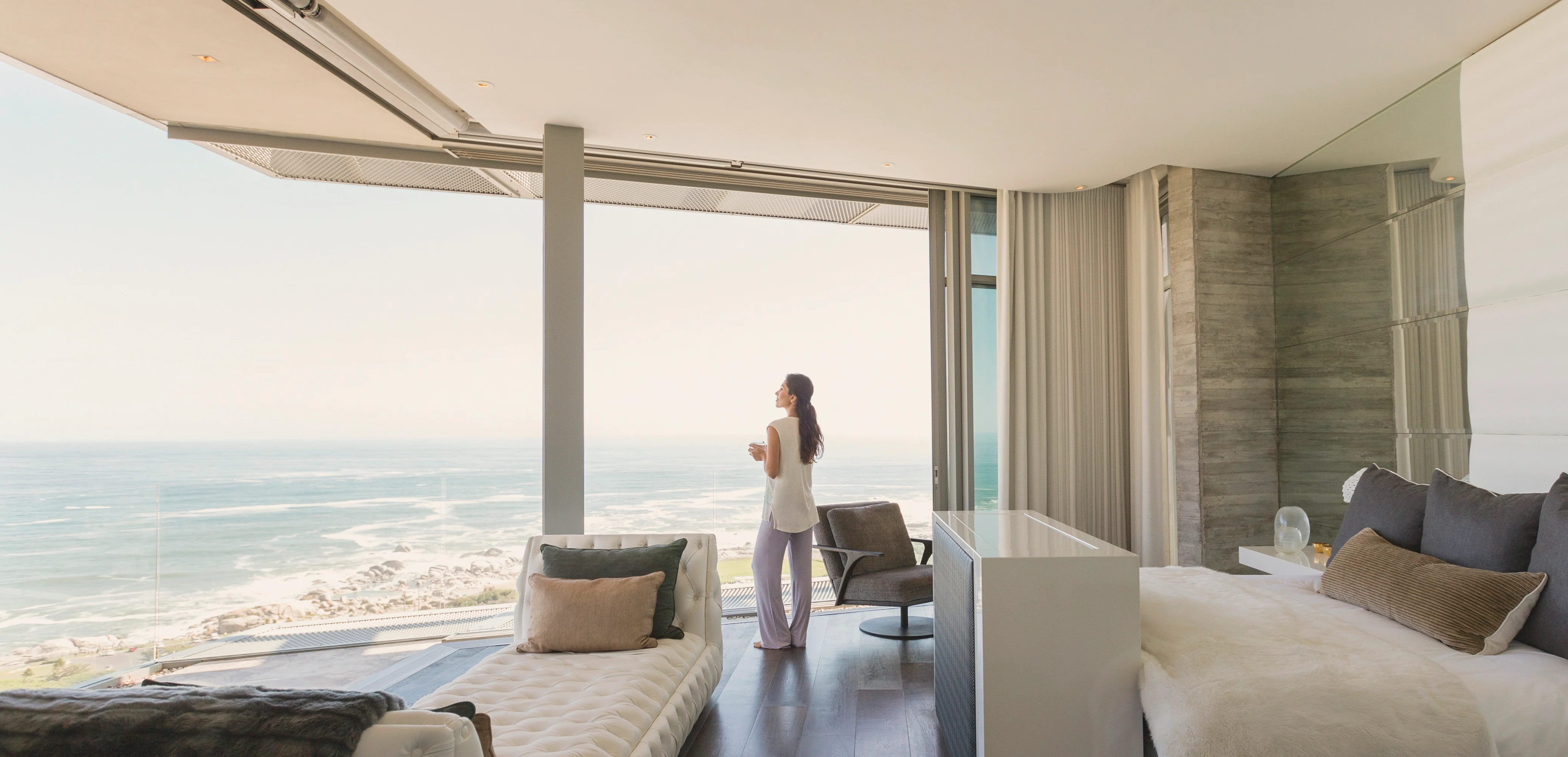 Modern bedroom with ocean view