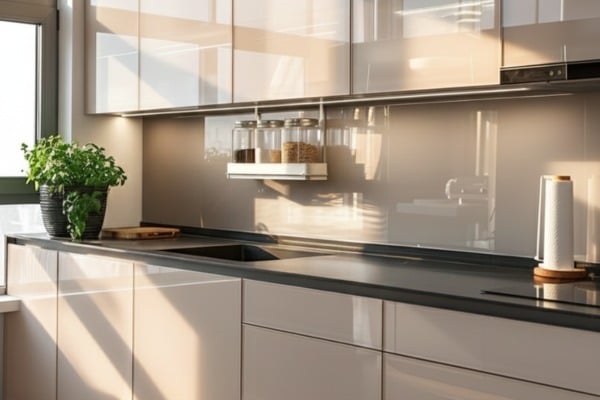 A lacquered glass backsplash