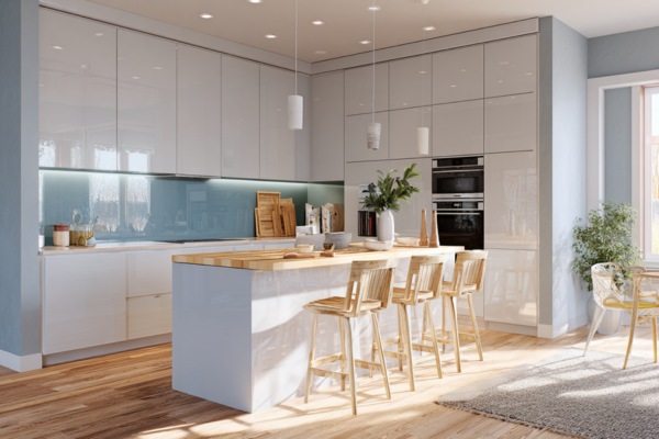 A pastel lacquered glass backsplash