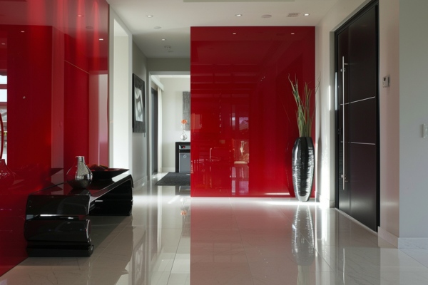 Add A Bold Accent With A Lacquered Glass Foyer Backdrop