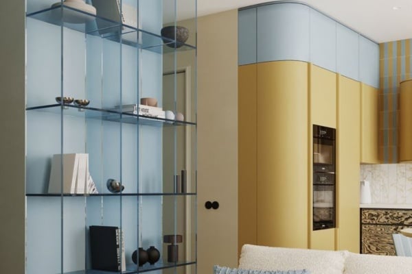 Built-in glass shelves