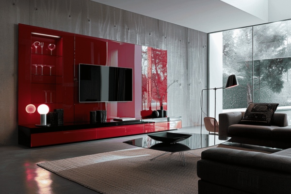 Coordinated Lacquered Glass TV Cabinet and Back Wall Design