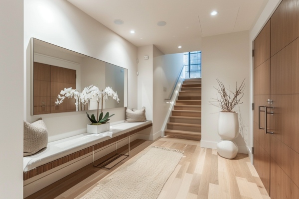 Foyer Design With Seated Storage And Long Mirror 