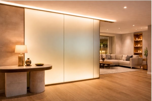 Frosted glass diffuses light softly,