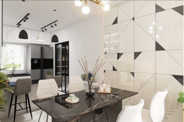 Geometric Lacquered Glass Panels and Bold Colors Add drama to living Room