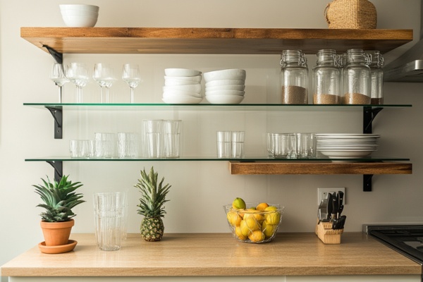 Glass Shelves small kitchen design