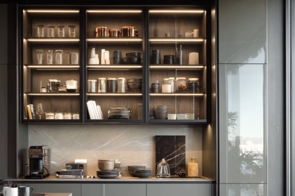 Glass shelving paired with integrated lighting