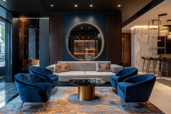 Combine glass and statement lighting to create a dreamy vibe