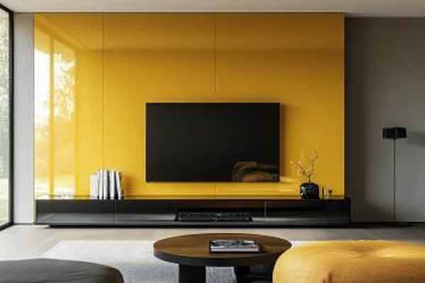 Lacquered Glass Backdrop in Contemporary Living Room