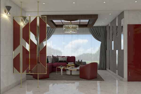 Lacquered Glass Room Dividers in Transitional Living Room