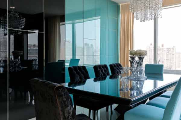 Lacquered Glass and Tinted Mirror Panels in Eclectic Living Room