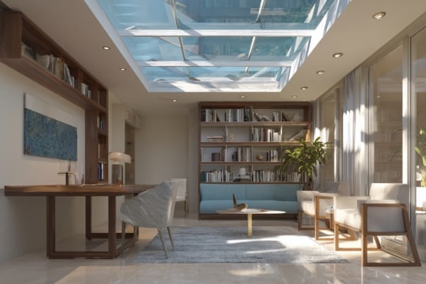 Maximise natural light with a sleek glass skylight, ideal for brightening up tucked-away study rooms.