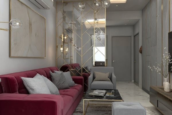 Mirror accent walls multiply light and depth,