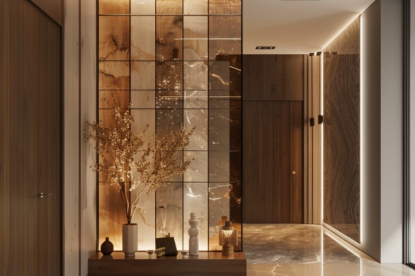 Modern Foyer Design with Wood and Tinted Glass Partition