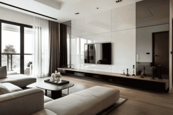 Saint-Gobain Lacquered Glass TV Backdrop with Tinted Glass Panels