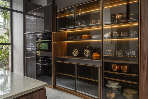 Spacious Kitchen with Tinted Glass crockery Unit for Storage