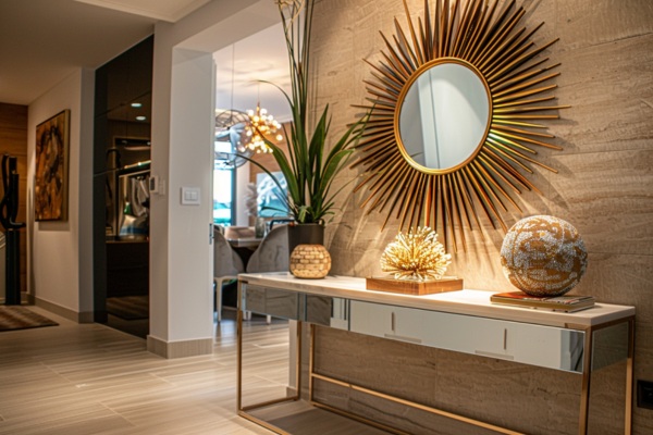 Stylish Sunburst Mirror Art on the Entrance Wall