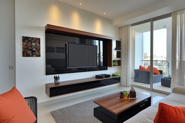 TV Unit with a Lacquered Glass Backdrop