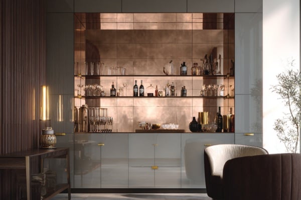 Tinted mirrors add warmth and layered depth