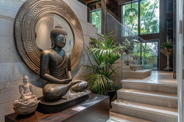 Welcoming Foyer Design with Buddha Statue and Mirror