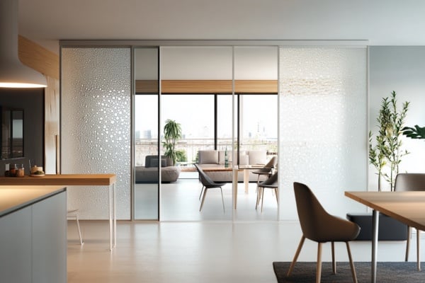 Glass partitions create seamless flow between the kitchen and dining room