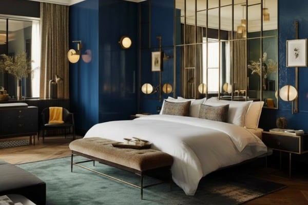 bedroom with a mirror wall