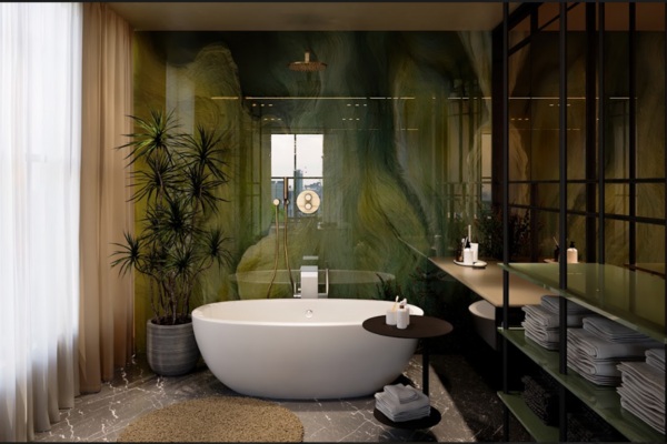 digital print on glass for bathroom wall panelling