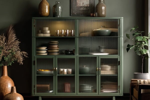 glass detailing bring depth and nostalgia to crockery unit design