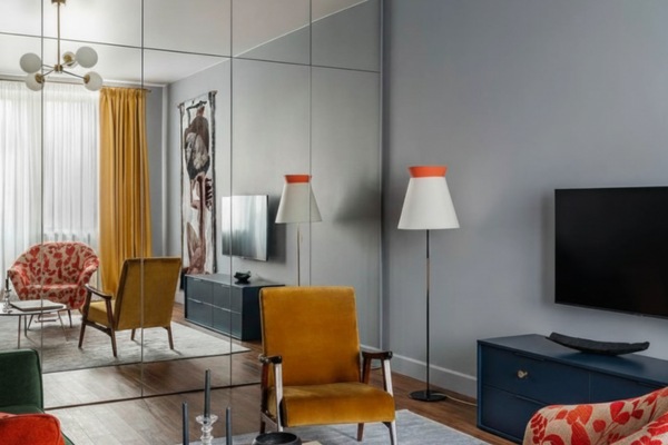 mirrored built-in wall units