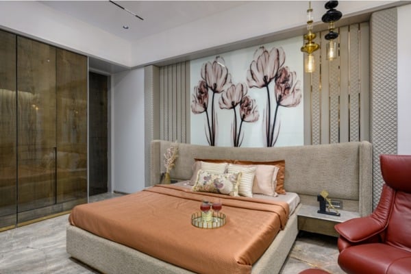 Subtle Florals on Glass Headboard Design Bring an Artistic Touch to the Bedroom.