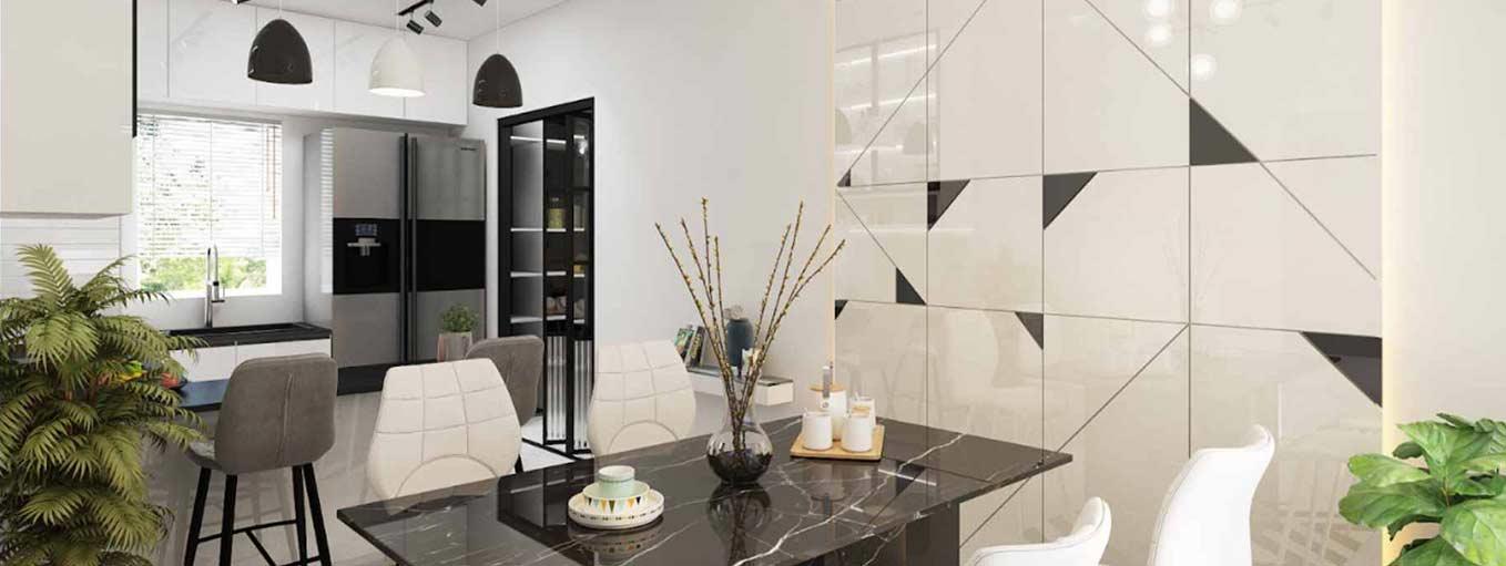 Geometric Lacquered Glass Panels and Bold Contrasts Add Interest to the Room