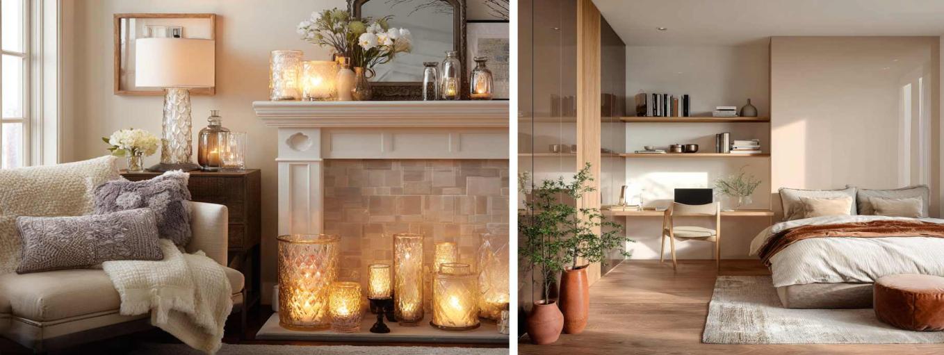 Warm lighting and glowing glass votives