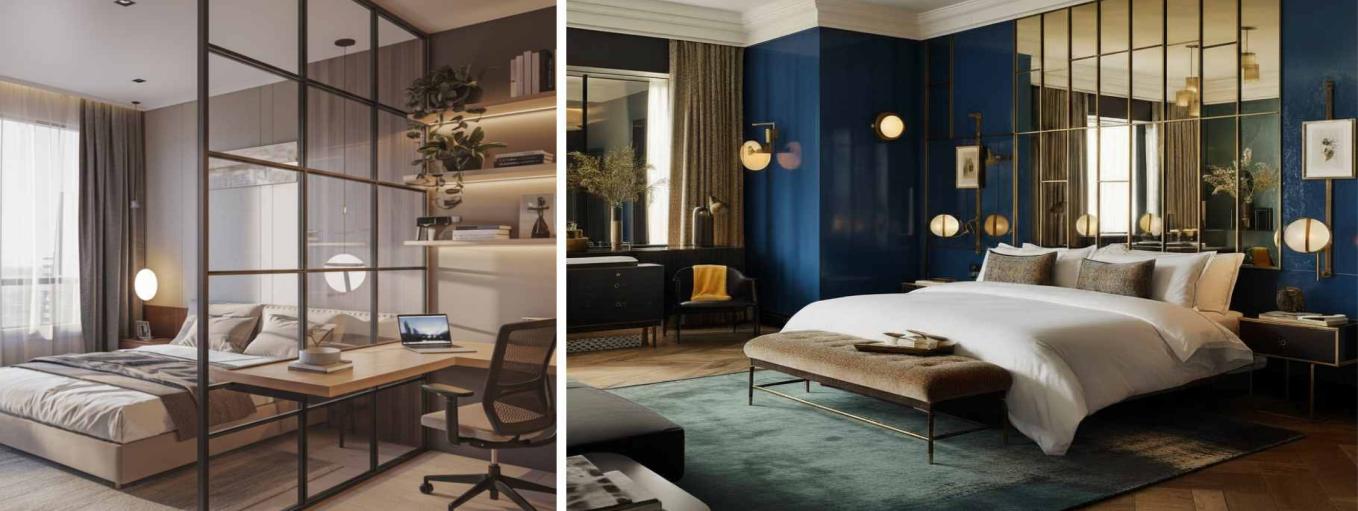 Glass Partition and Bedroom with a mirror wall