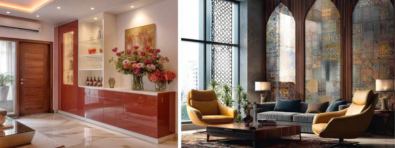 Lacquered glass cabinet shutters and Digitally Printed glass wall panel