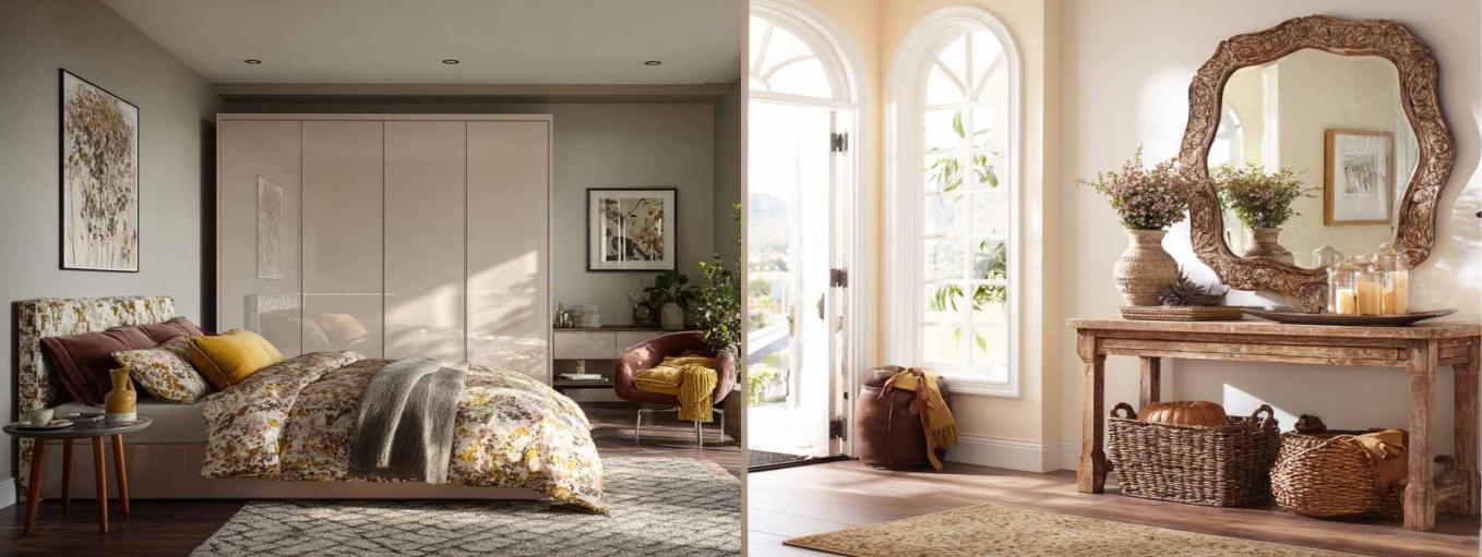 Statement Mirror and Lacquered Glass Surfaces with Layered Textiles