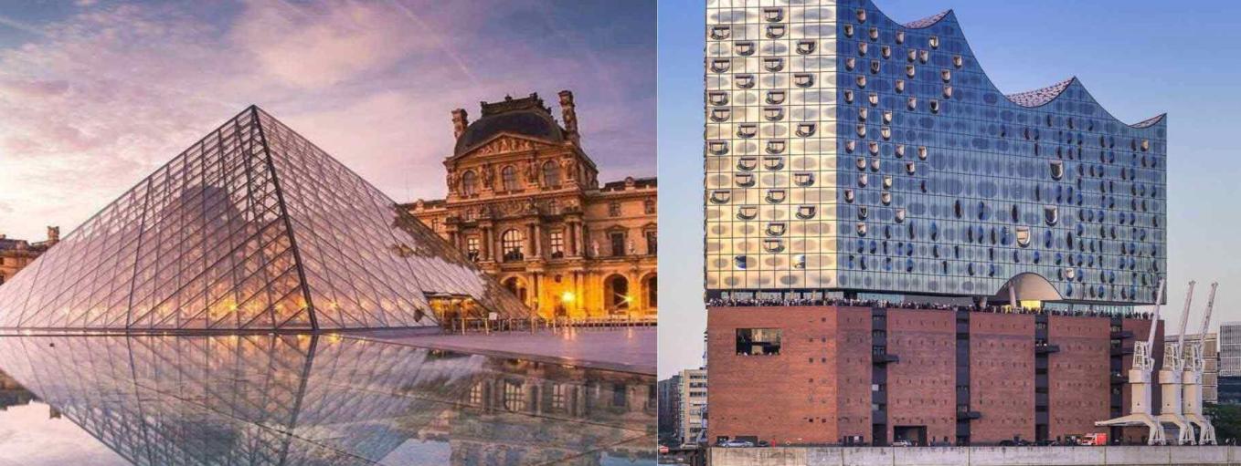 Louvre Pyramid-and-Elbphilharmonie